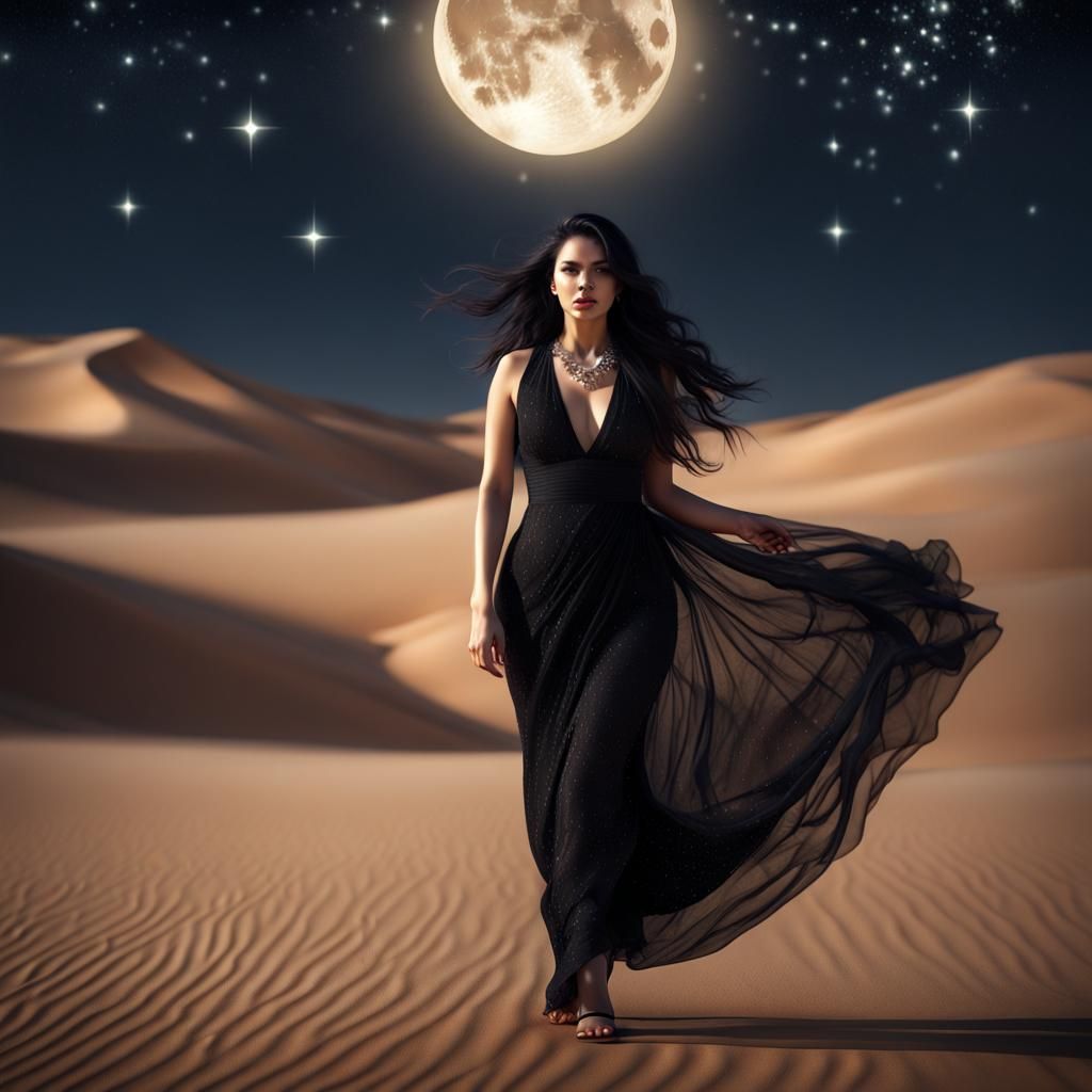 Moonlight in the desert and a beautiful woman