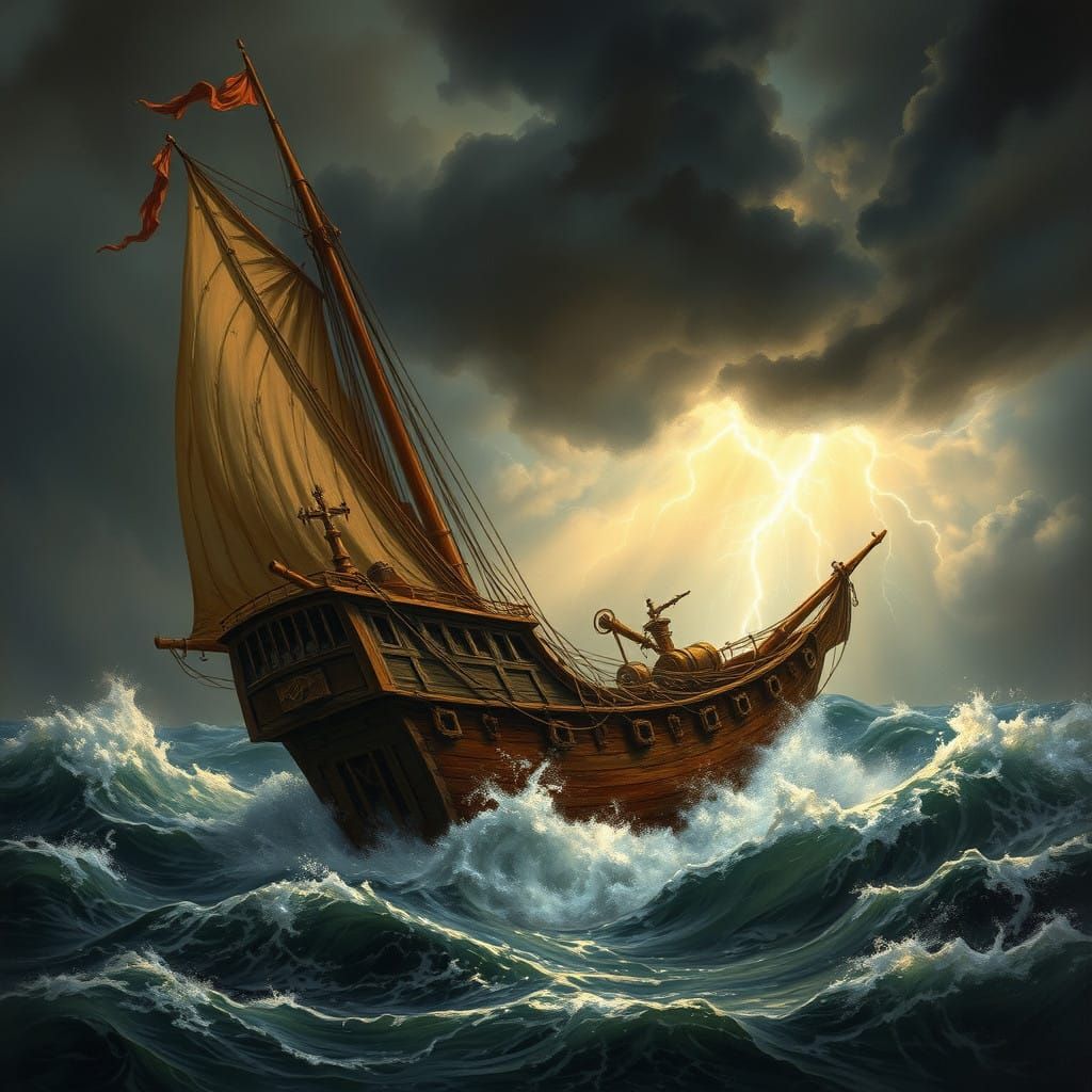 Ancient Ship in Turbulent Stormy Seas, in Whimsical Watteau...