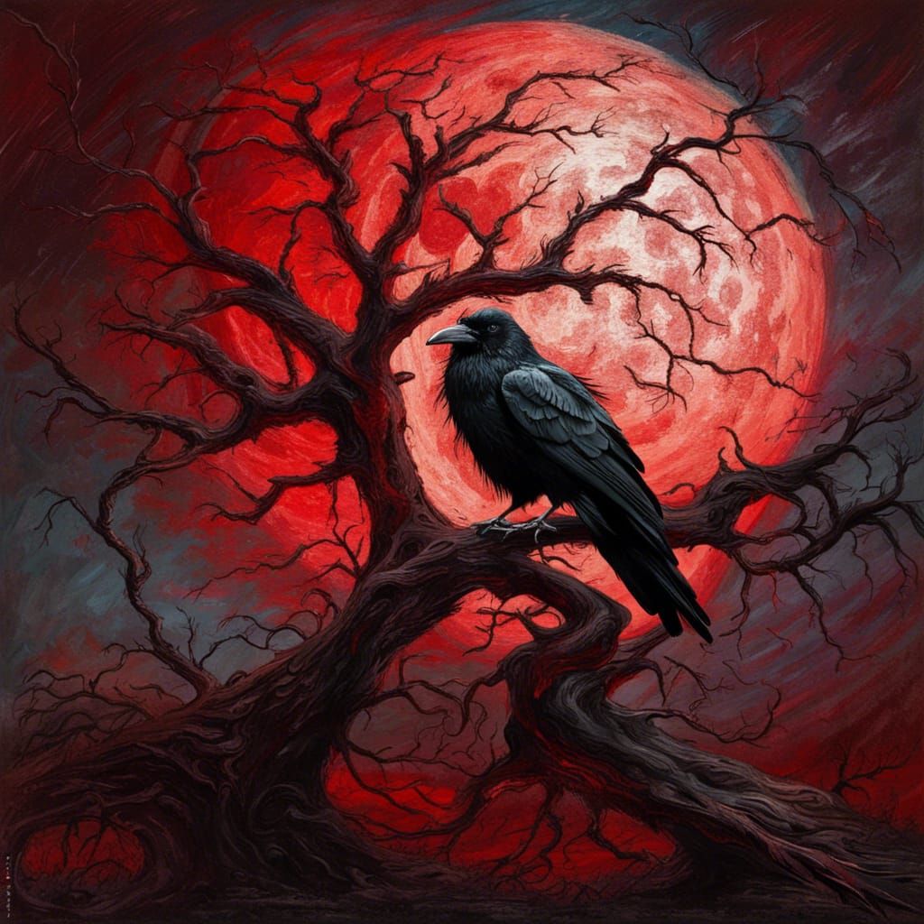 Creepy Red Moon Raven Gothic Impressionist Painting