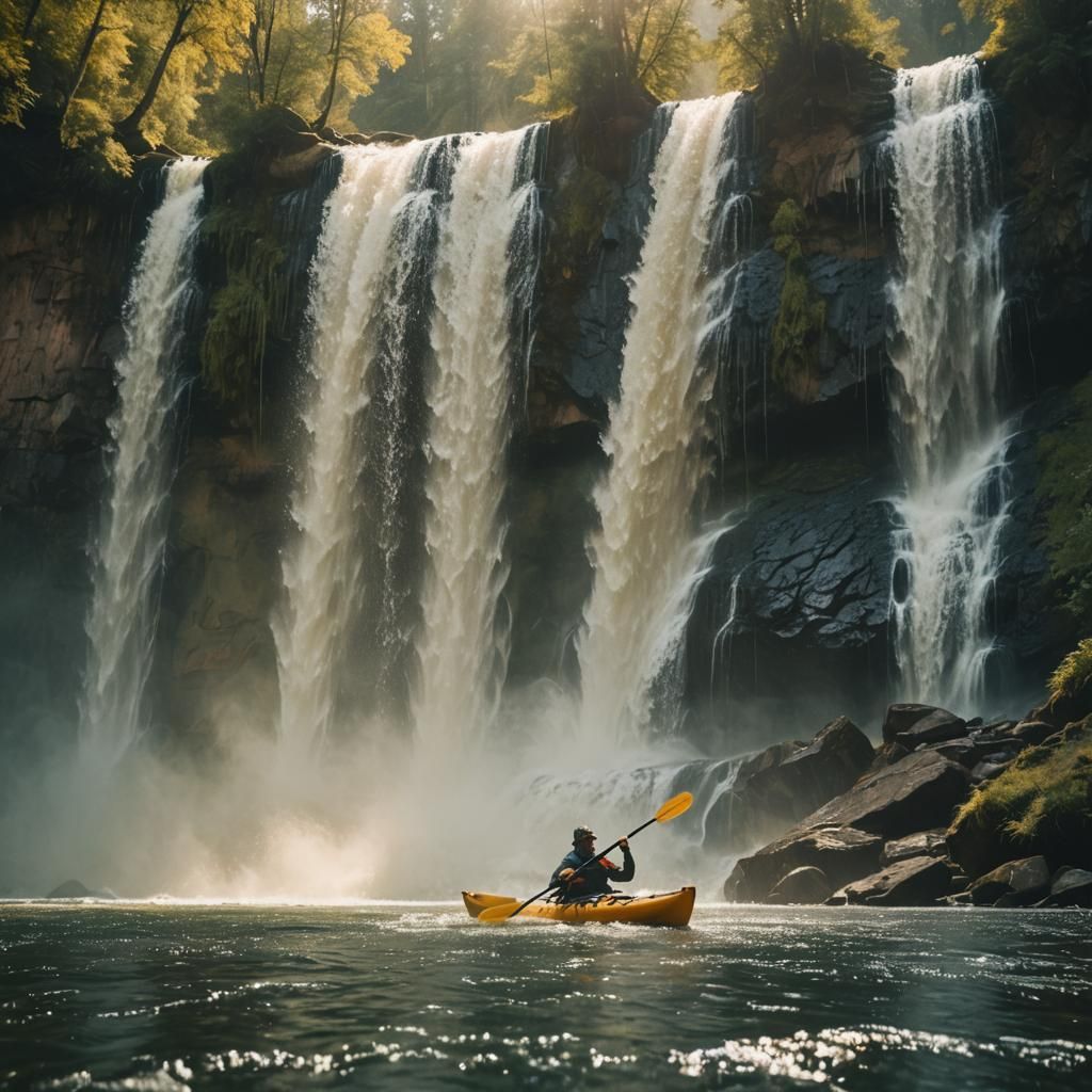 Kayaker Paddling Torrential Waterfall: Cinematic Film Still