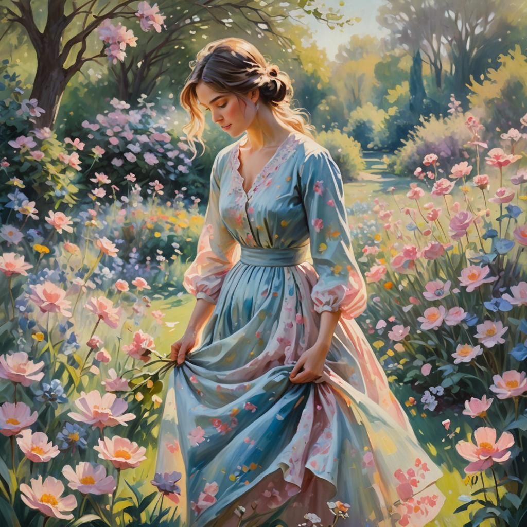 Woman Transforming into Flowers: An Impressionist Painting