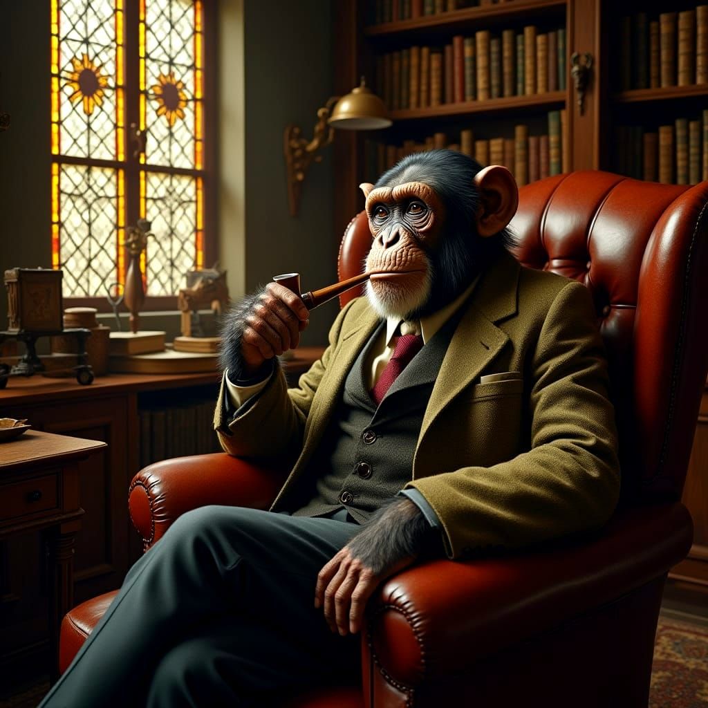 Chimpanzee Professor in Library, Rembrandt Style