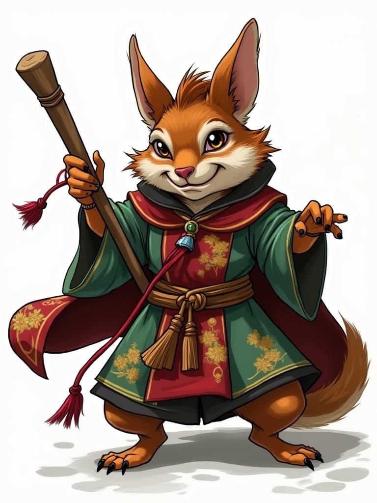 Kobold Monk in Colorful Robes Fights with Wooden Staff