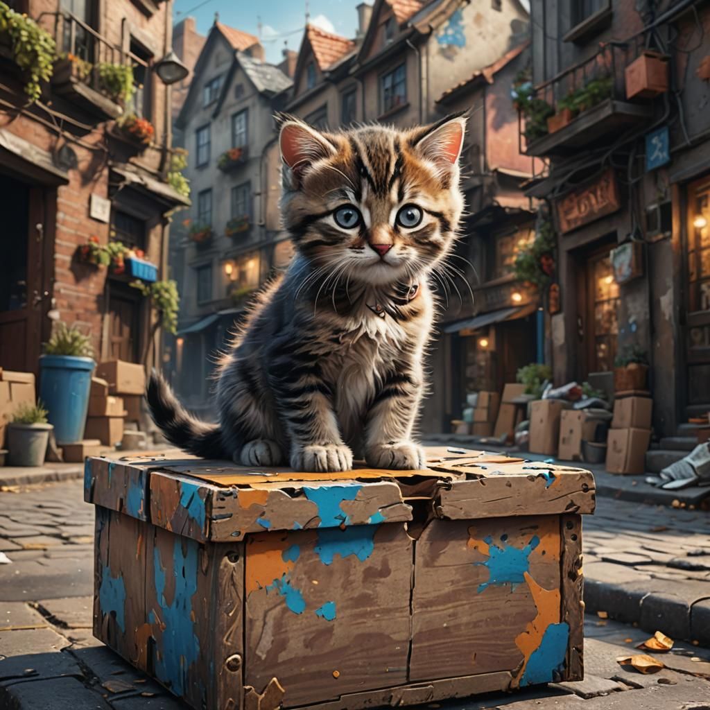 Cute Kitten on a Box: Detailed Matte Painting