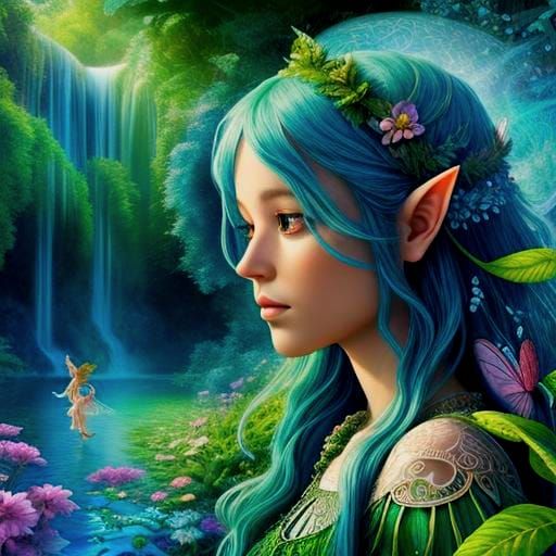 Fairies by Waterfall with Abstract Fractal Elements