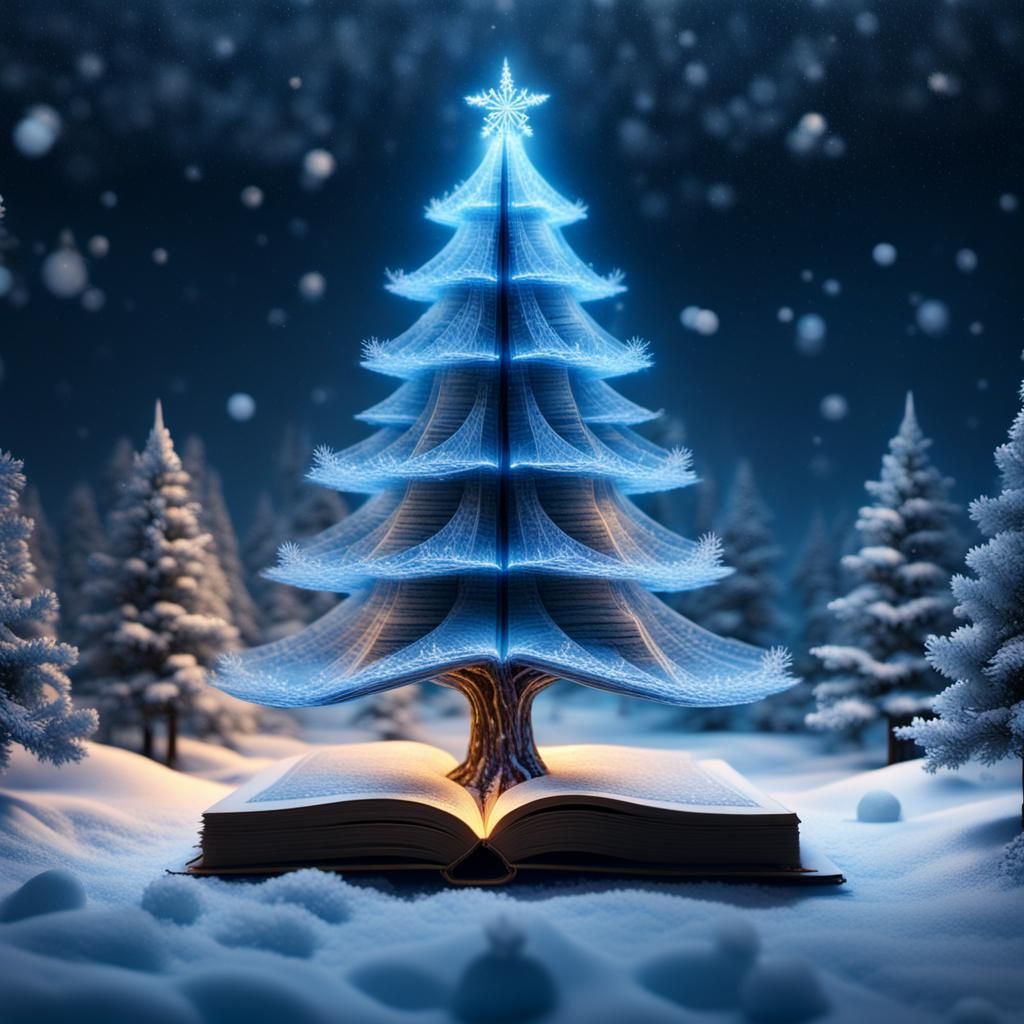 a 3d_LED Hologram projection of a huge Christmas tree coming out of a book