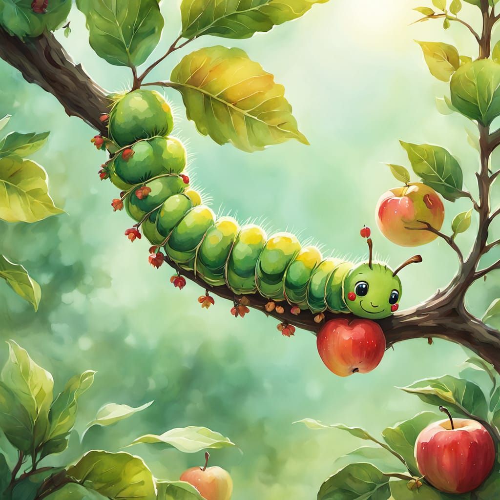 Whimsical Watercolor Caterpillar Eats Apple in a Dreamy Land...