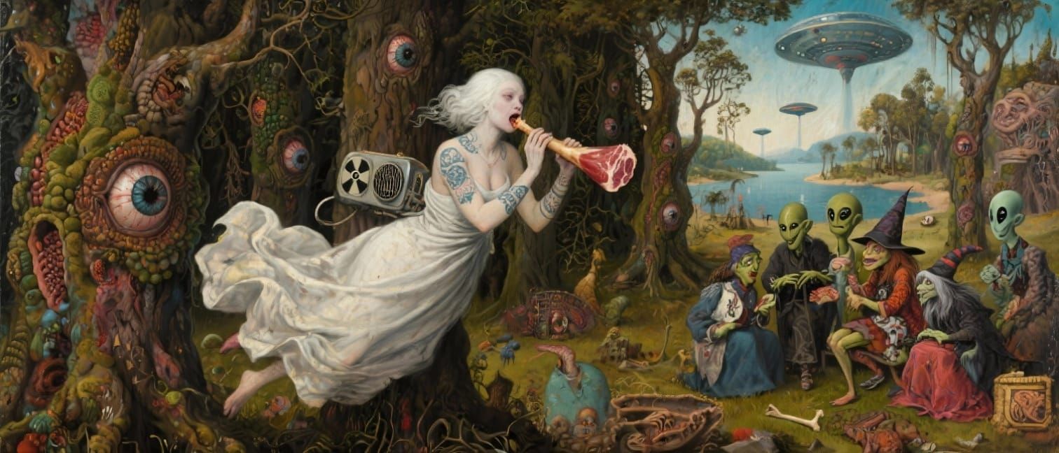 Haunting Albino Lady with Ham Bone in Eerie Woods