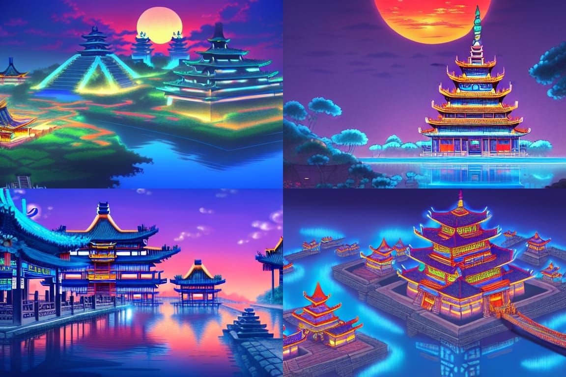 Chinese Aztec City with Blue Canals: Ghibli Anime