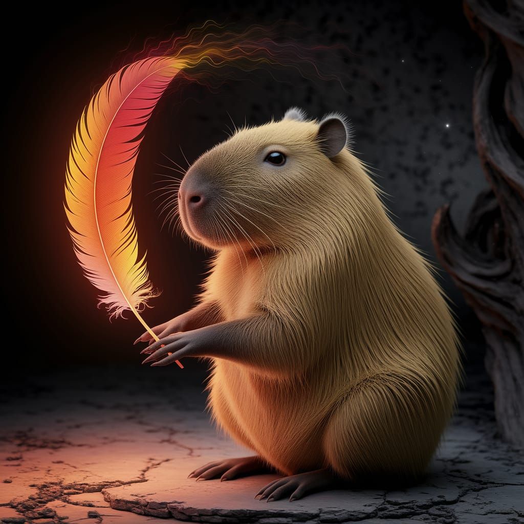 Capybara Cradles Fiery Phoenix Feather in Starry Night Sky