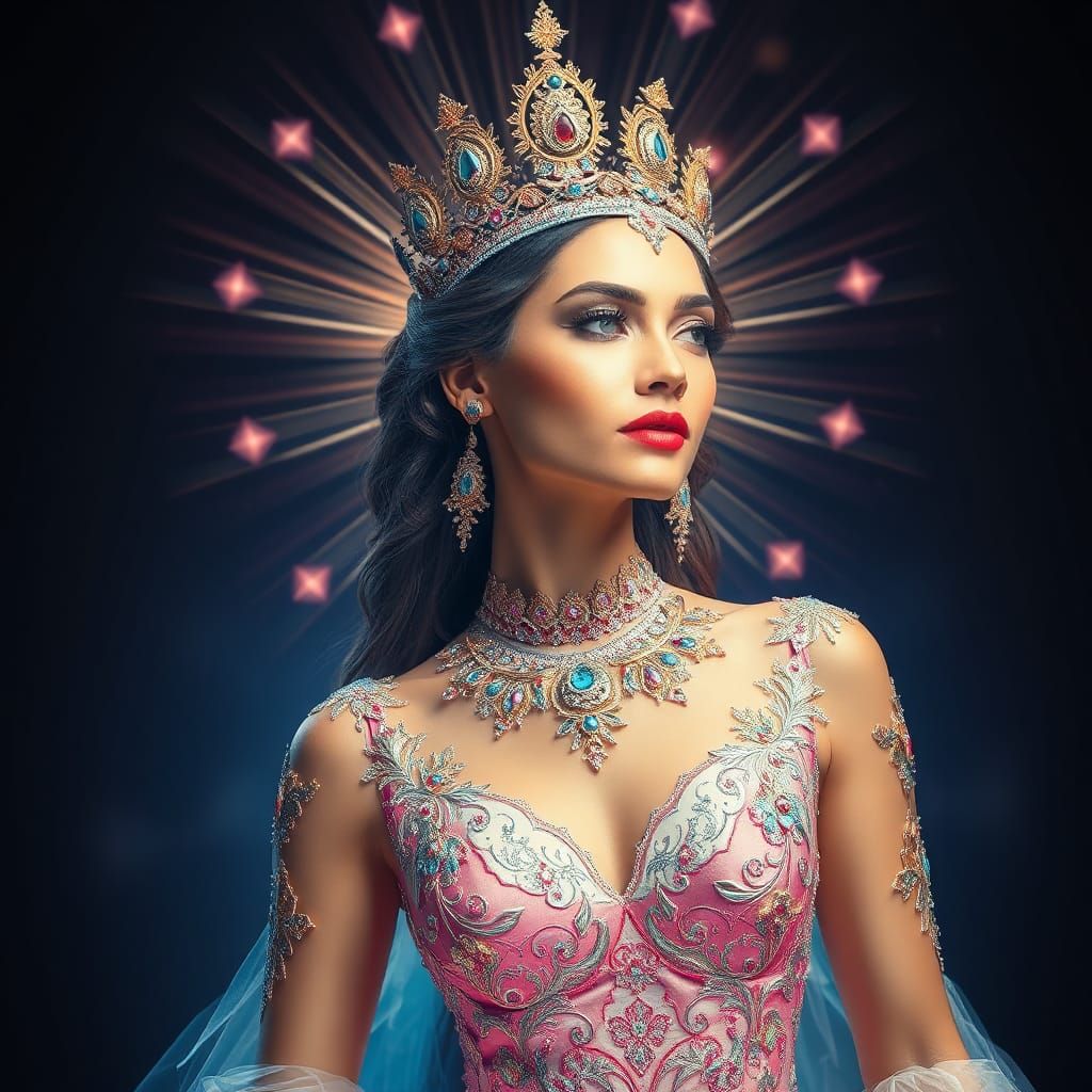 Radiant Goddess in Shiny Dress: Hyperrealistic Portrait