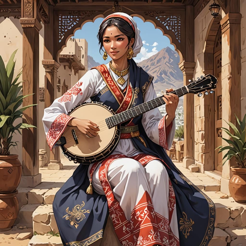 Woman in Traditional Omani Dress Playing Banjo in Anime Styl...