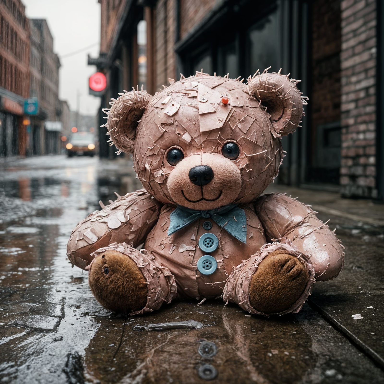 Sad Teddy Bear Abandoned in Rain: Cinematic Close-Up
