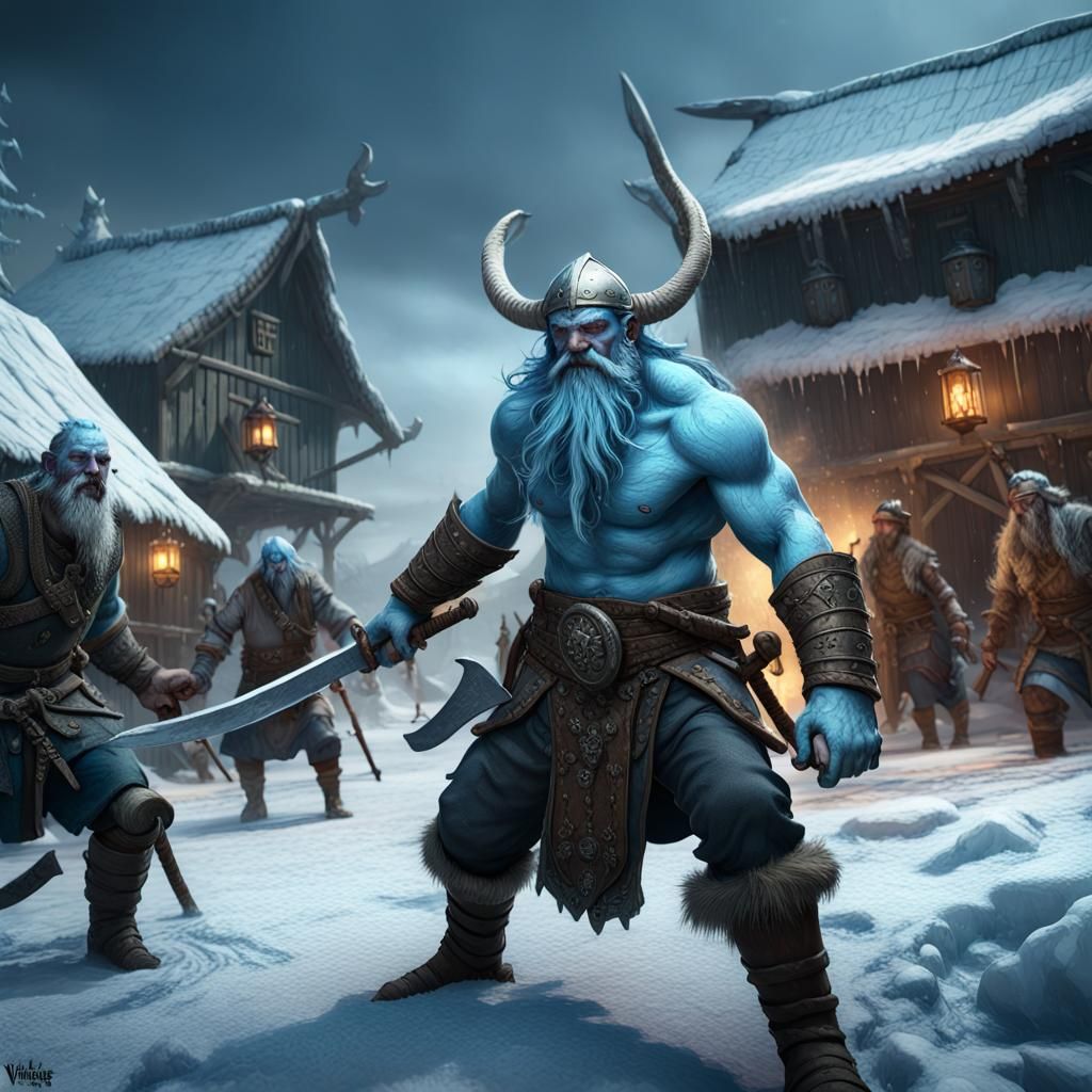 Frost Giant Vikings Battle Villagers with Ice Dragon