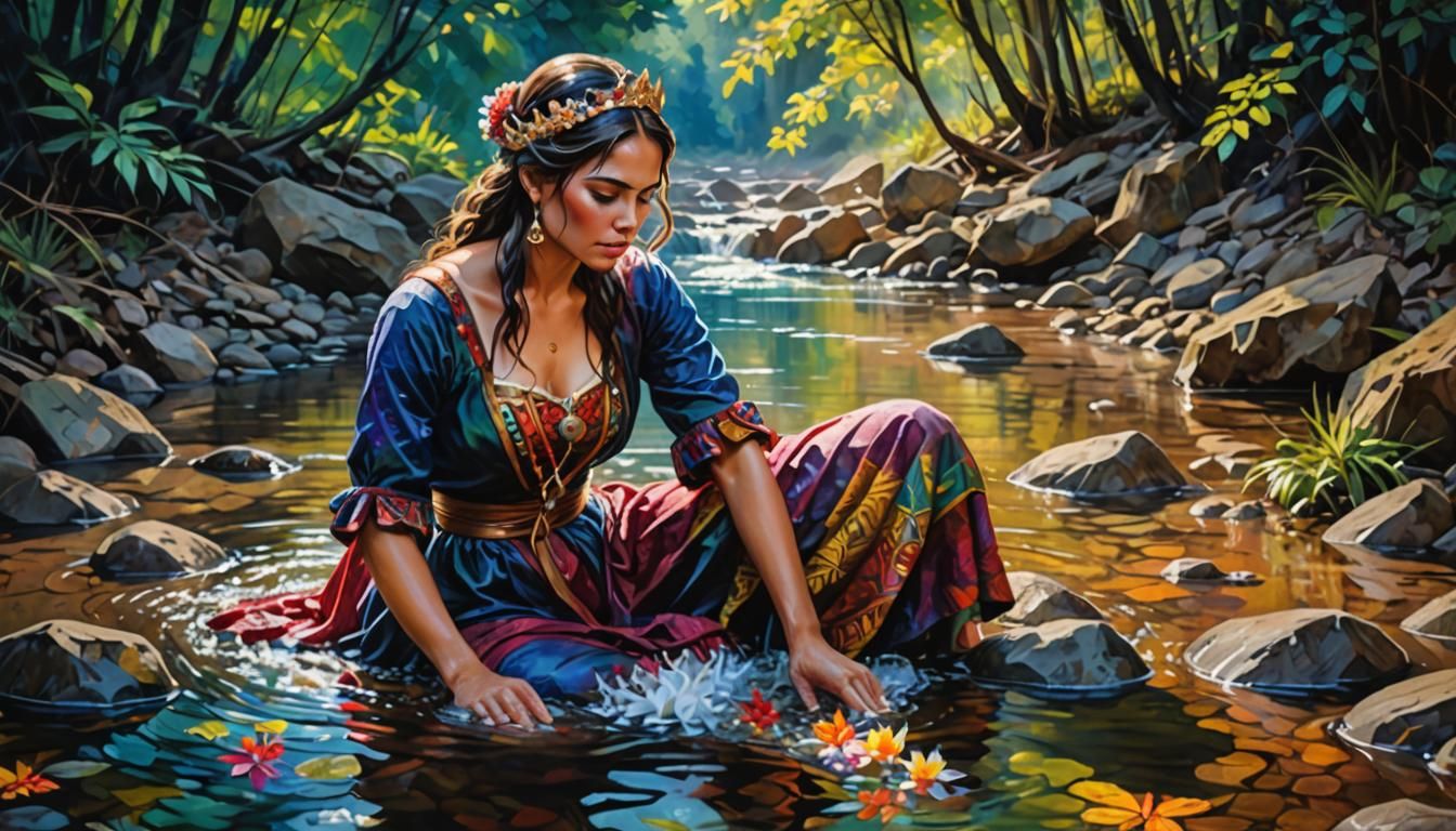 Beautiful Woman Bathing in River: Impasto Painting