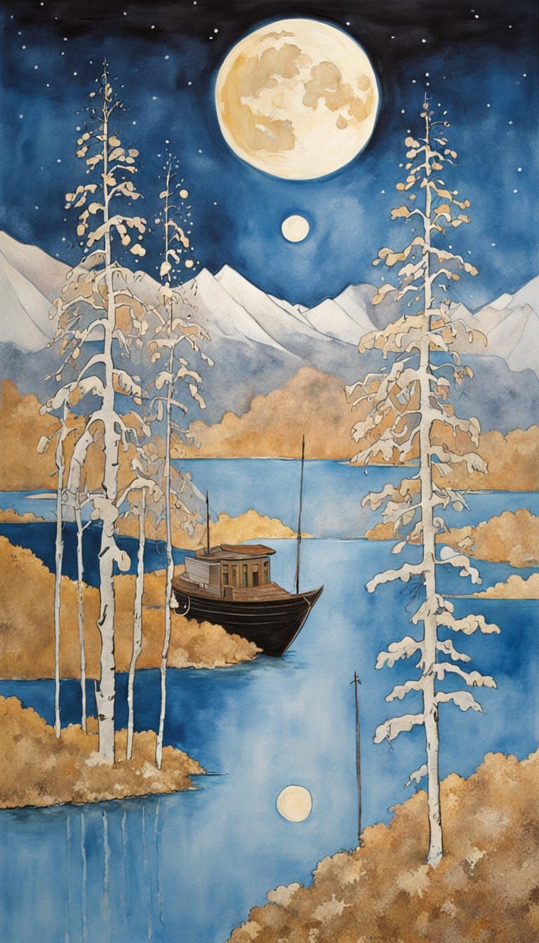 Whimsical Snowy Landscape with Abandoned Boat in Golden Ligh...