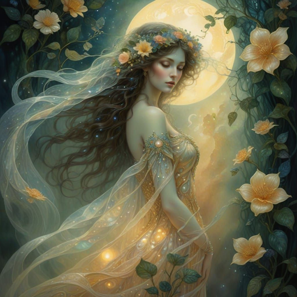 Ethereal Dreamscapes Woman in Moonlit Garden