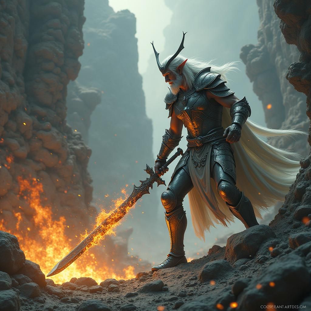 Elf Warrior vs Balrog in Dark Fantasy Landscape