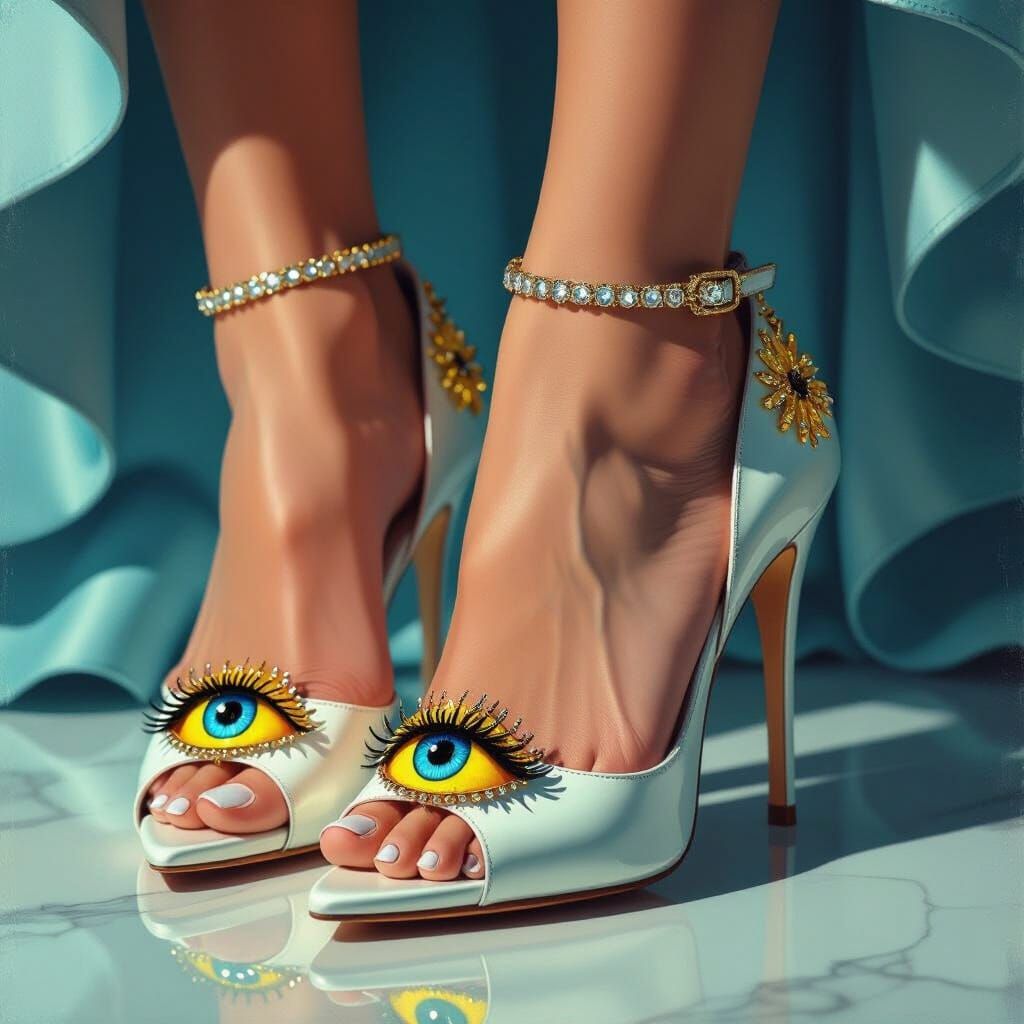 Surreal Feet Adorned with Yellow and Blue Eyes in High Heels