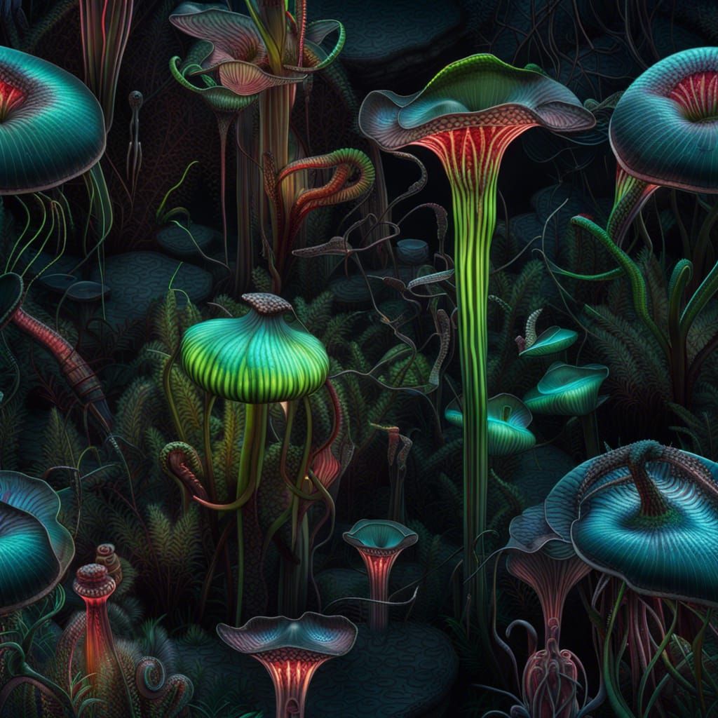 Bioluminescent Carnivorous Plants in a Biomechanical Wetland