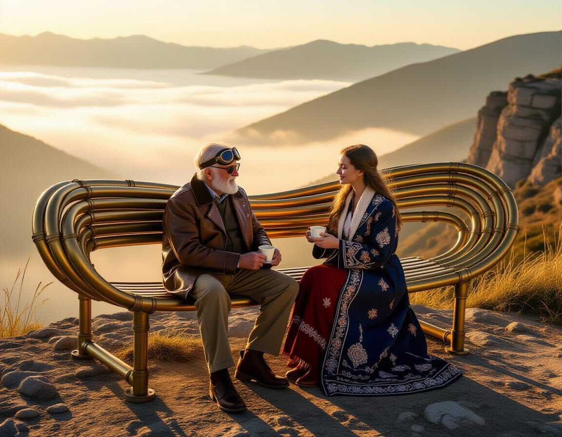 Man and Woman Enjoy Tea on Cliff at Sunrise