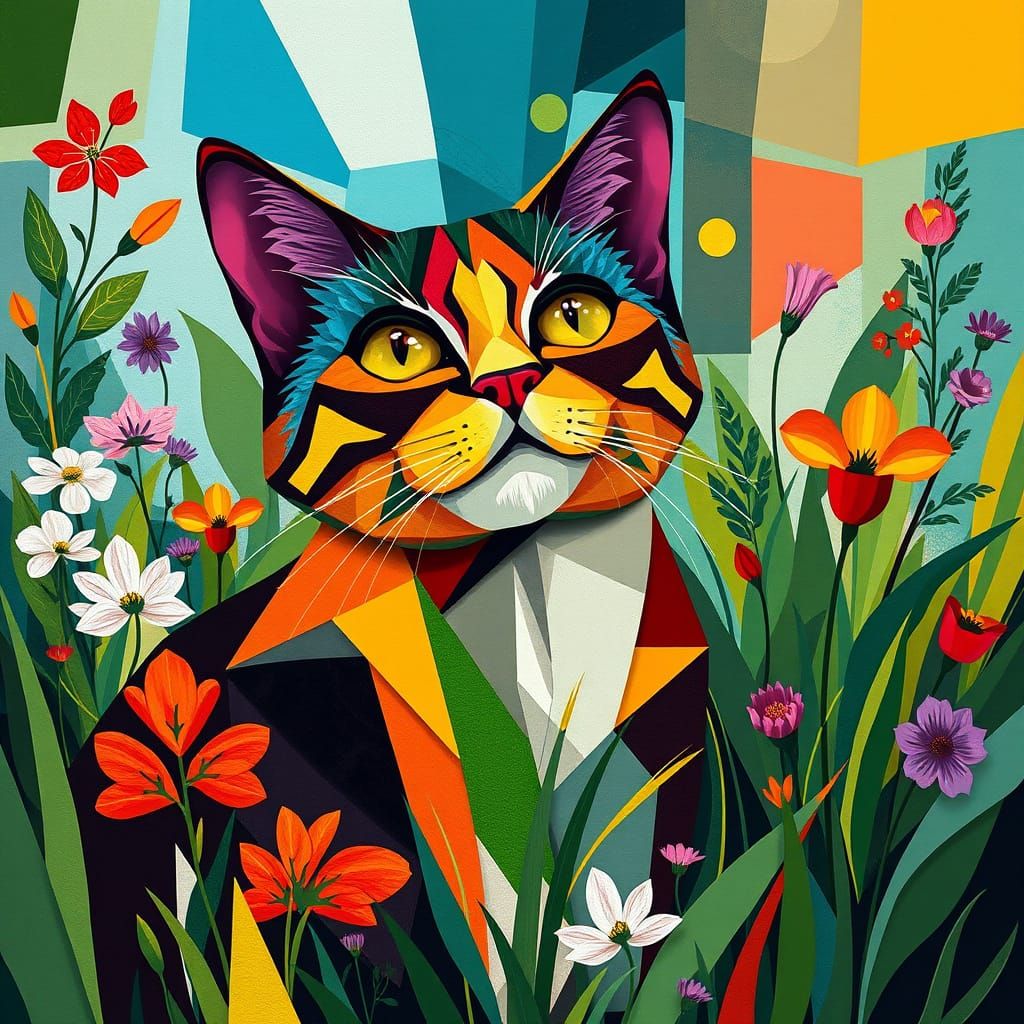 Vibrant Neo-Cubist Cat in a Lush Meadow