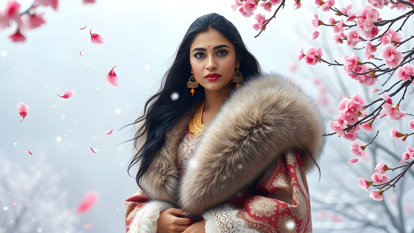 Beautiful Indian Woman in Winter Blossom Snowfall