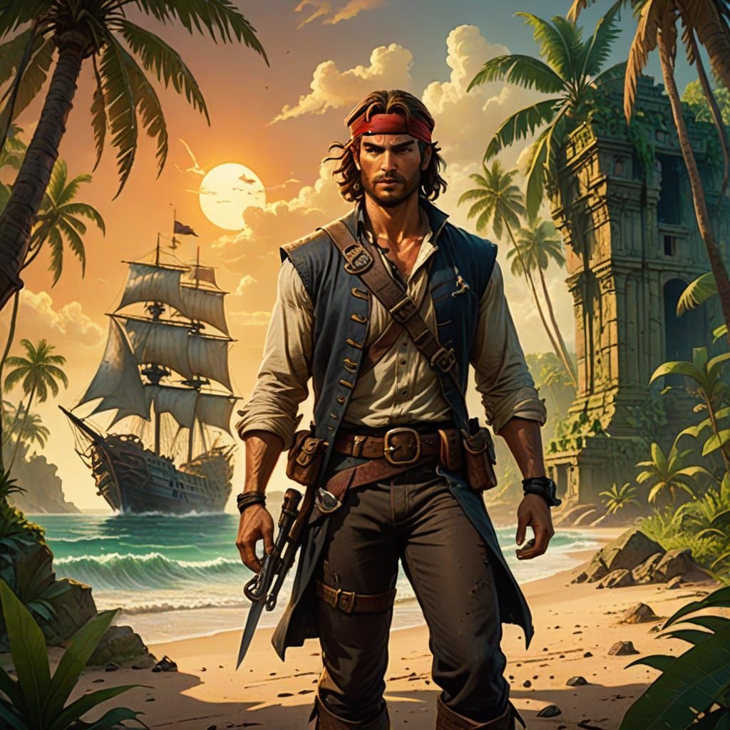 Rugged Treasure Hunter in Tropical Paradise