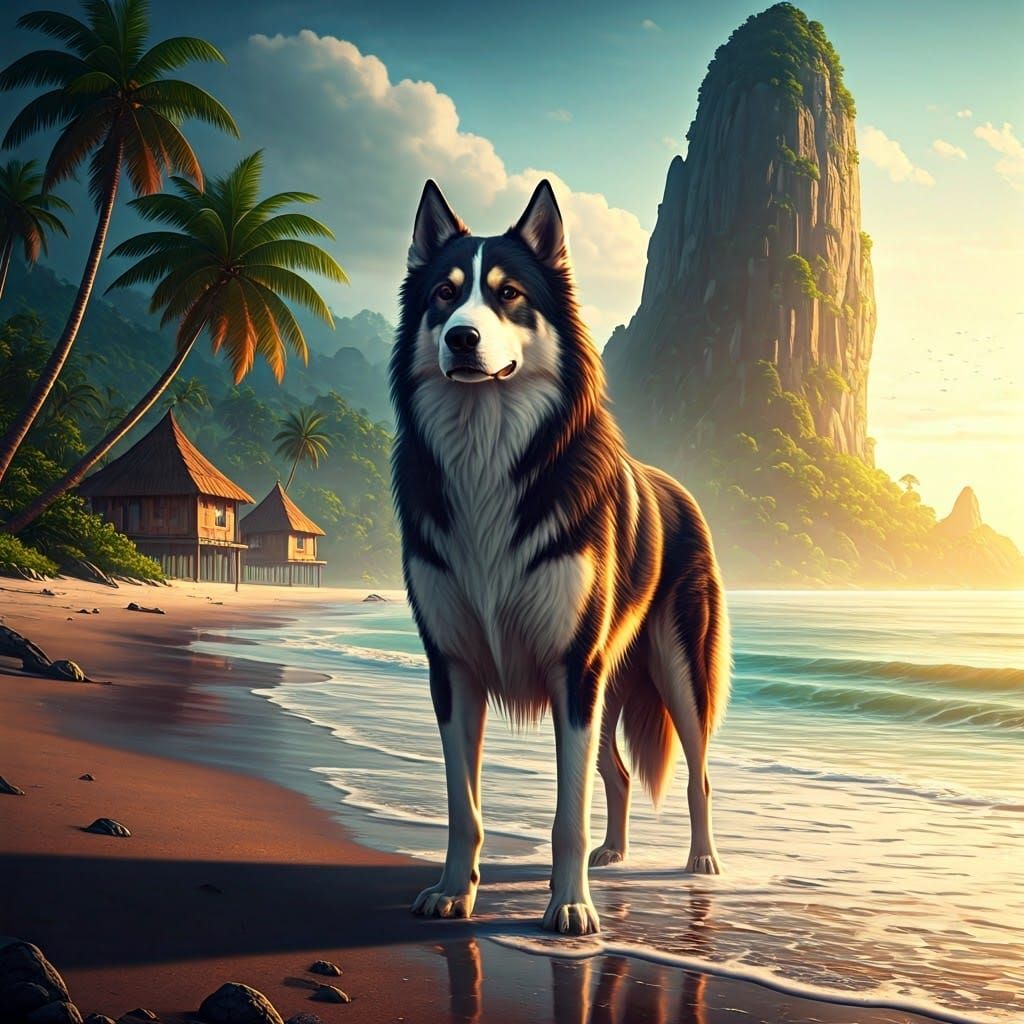 Majestic Dog Stands Proudly on Tropical Beach in Unreal Engi...