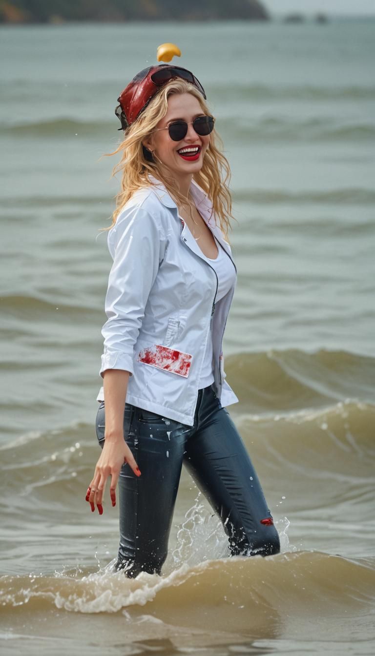 Glamorous Woman Laughing in the Sea, Photorealistic