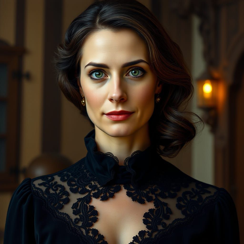 A elegant, refined German woman in her 40s, with piercing green eyes and rich, dark hair styled in loose waves, wearing ...