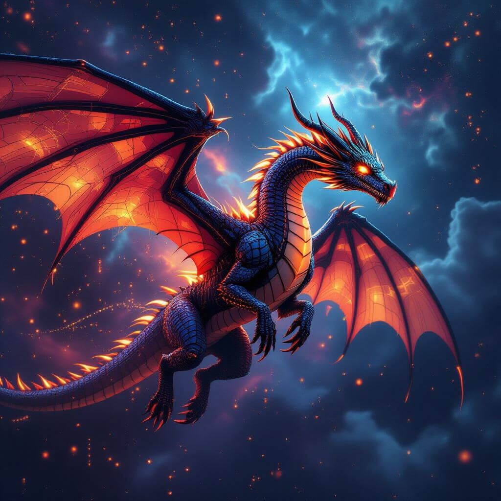 Digital Dragon Soars Through Data Nebula in Epic Concept Art