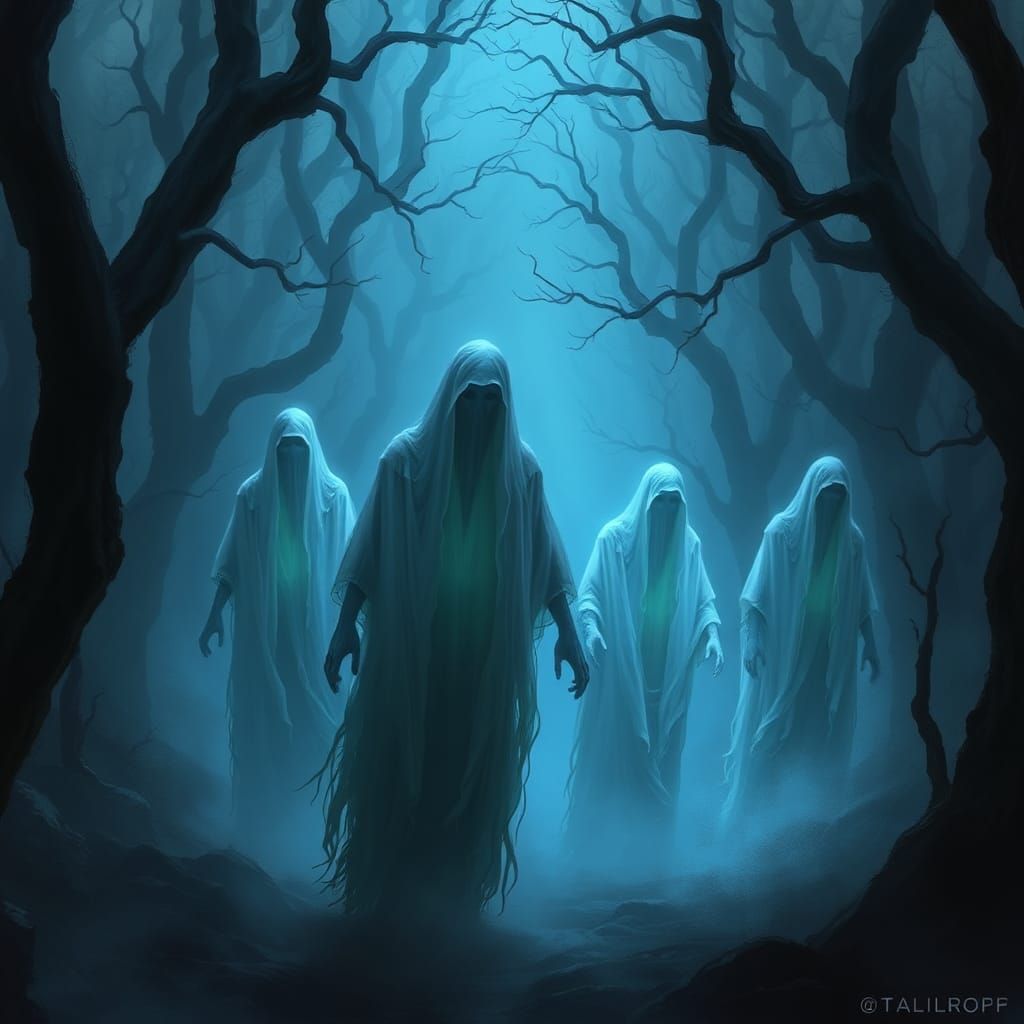 Ethereal Specters in Misty Forest, Dark Concept Art