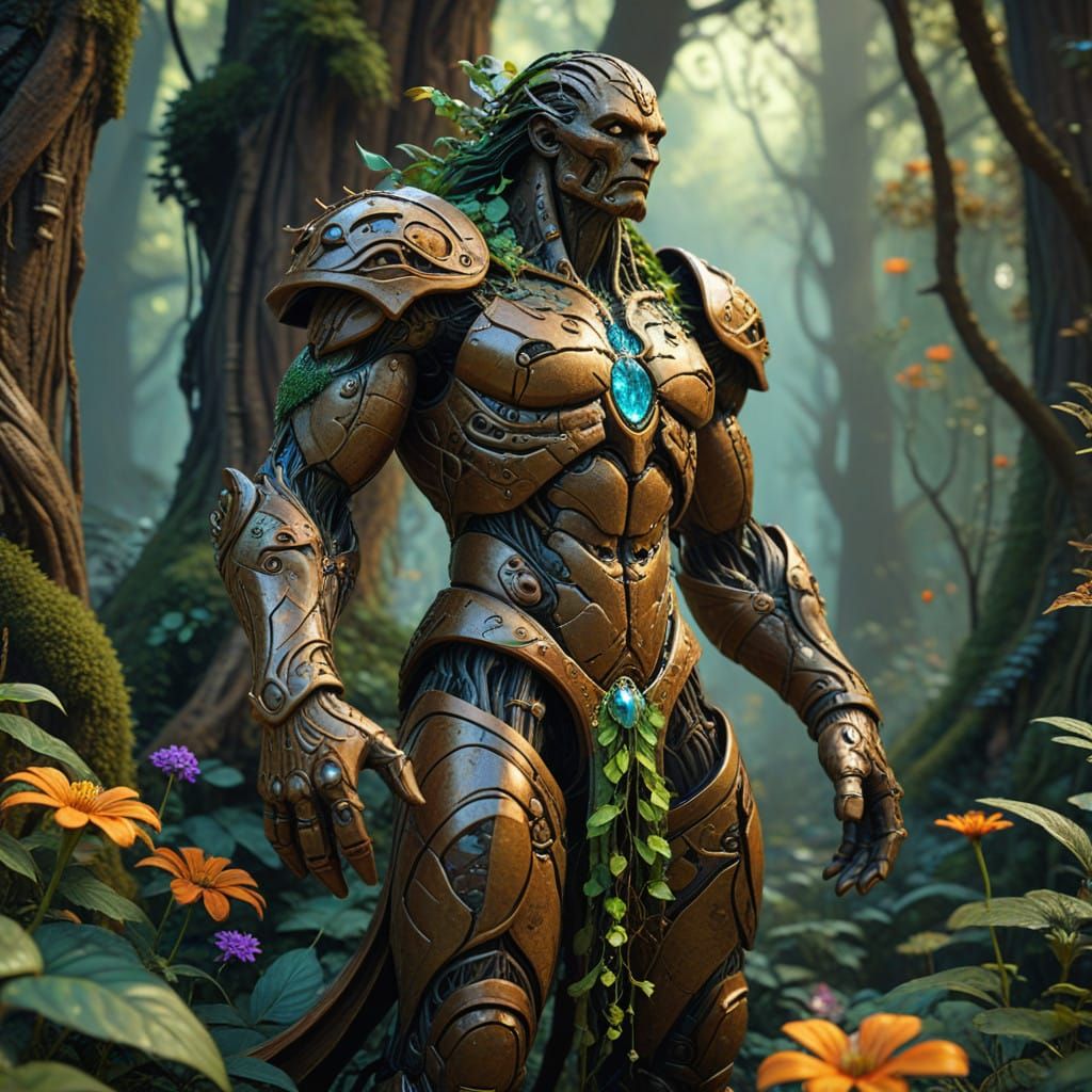 Earthy Golem in Lush Forest, Art Nouveau Style