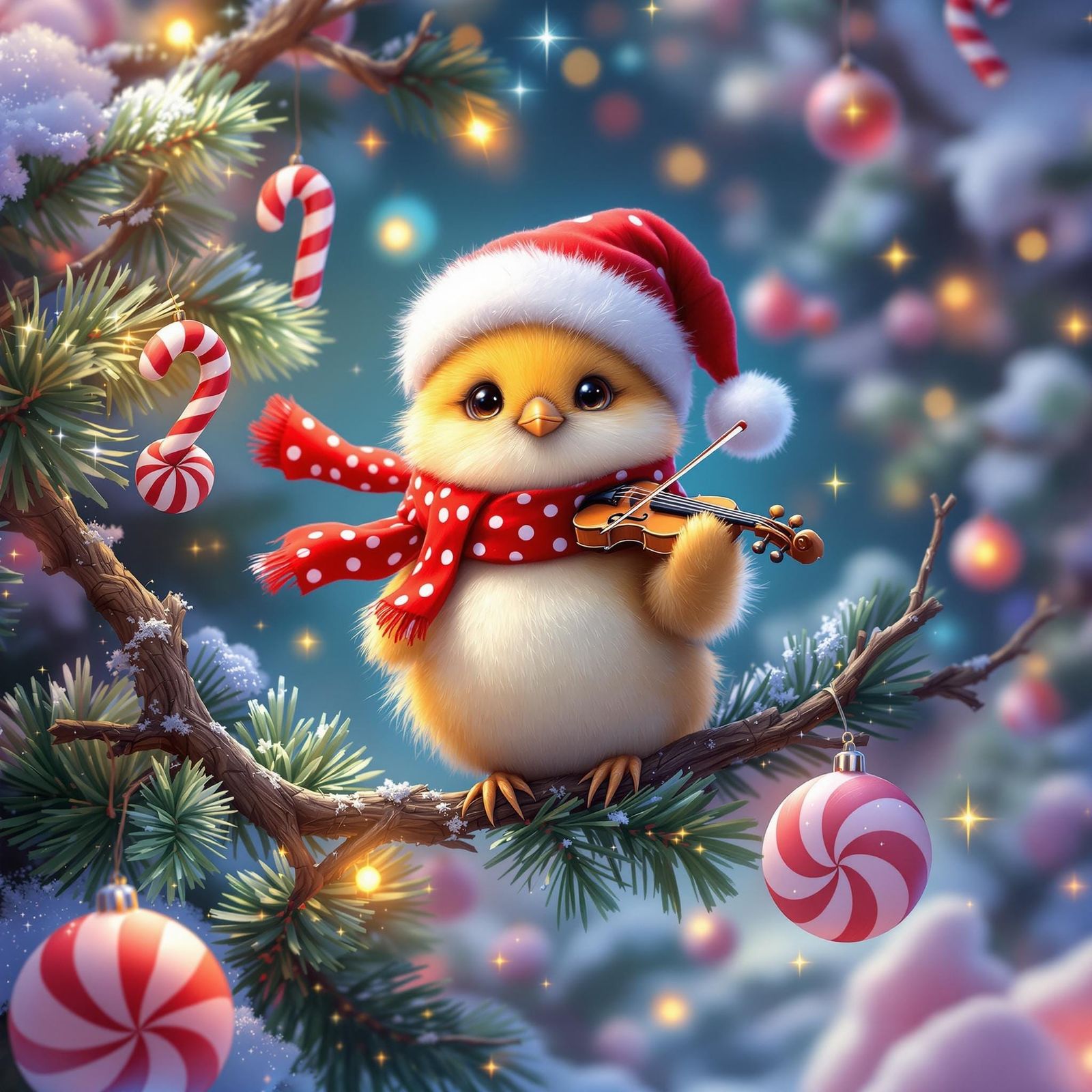 Surreal Christmas Bird Plays Violin Amidst Candyland Whimsy