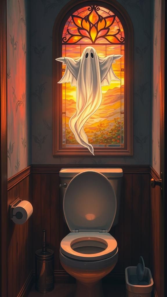Ethereal Ghost in Bathroom, Pixar-style Sunset