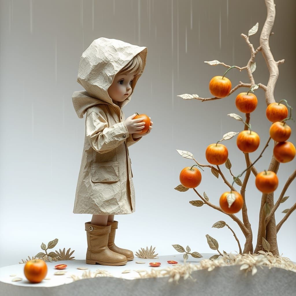 Paper Boy Picking Apples on Rainy Day