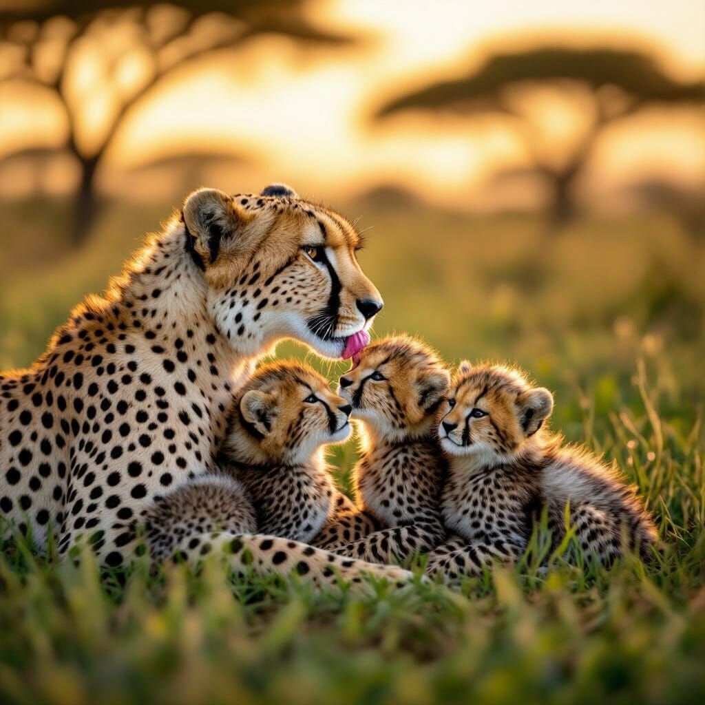 Mother Cheetah Tends Cubs in Golden Hour Savanna