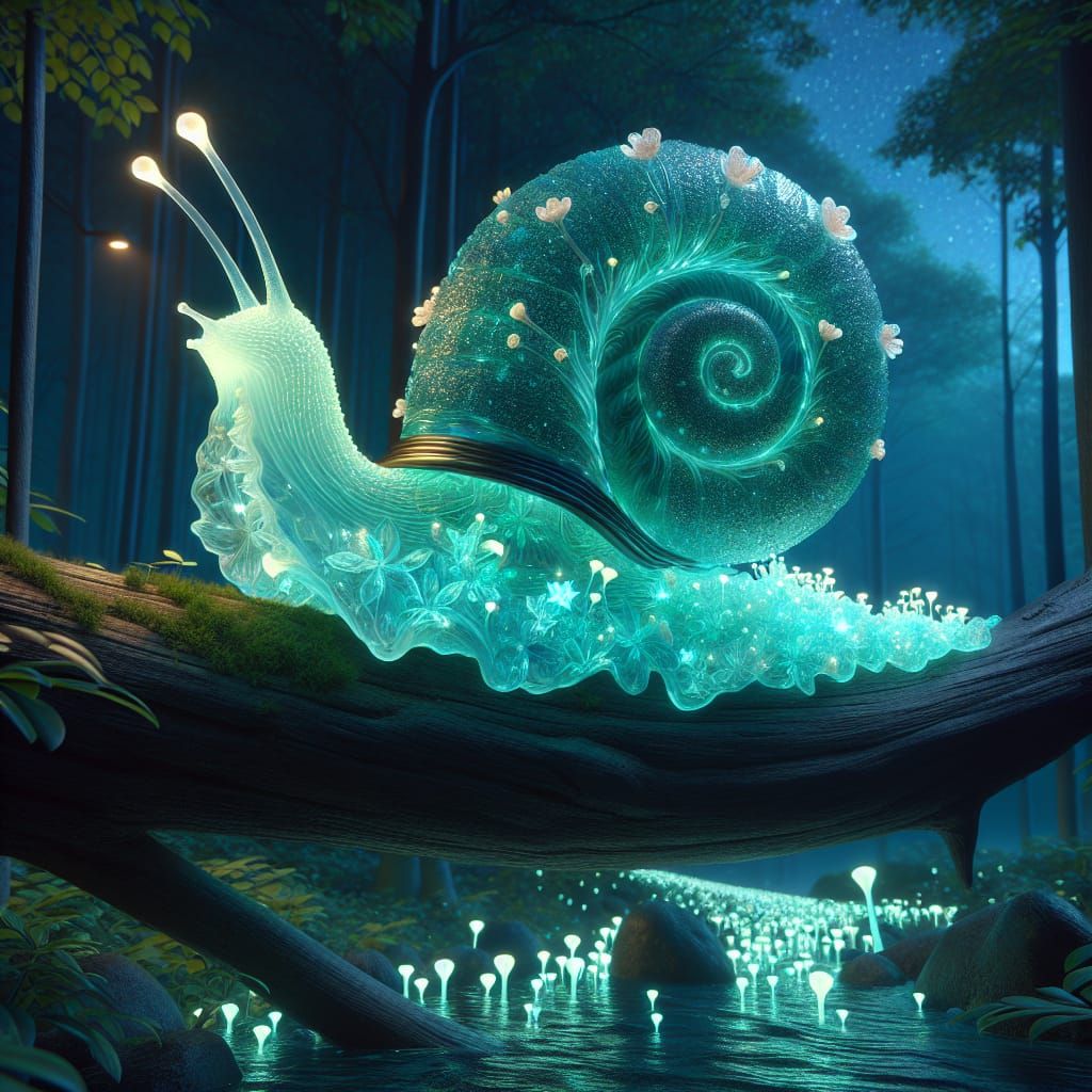 Jade Crystal Snail Sculpture with Bioluminescent Flowers