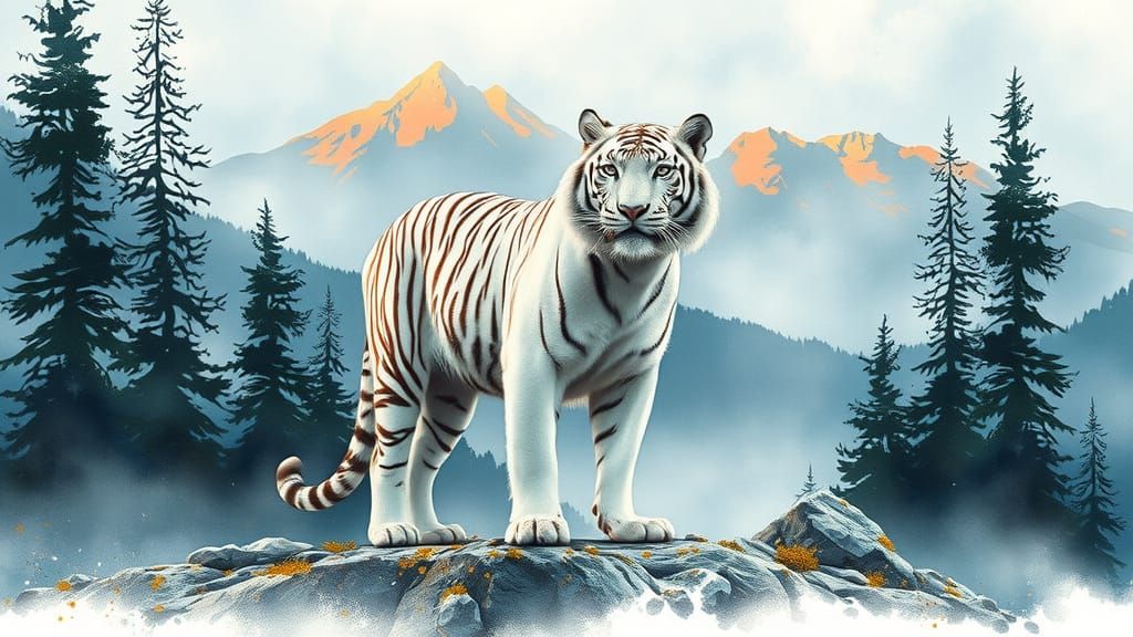Majestic Watercolor Tiger in Serene Mountain Landscape