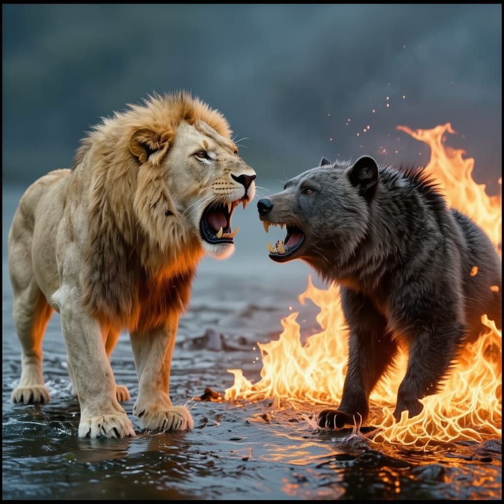 Epic Battle: White Lion Fights Flaming Polar Bear