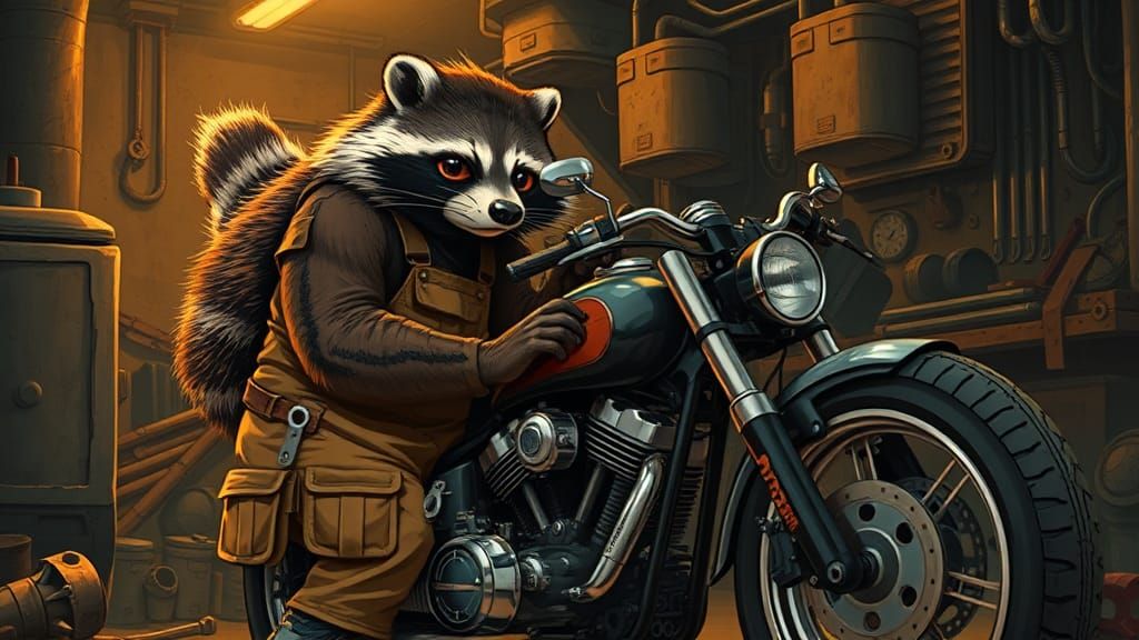 Raccoon Mechanic Working on Motorcycle in Garage