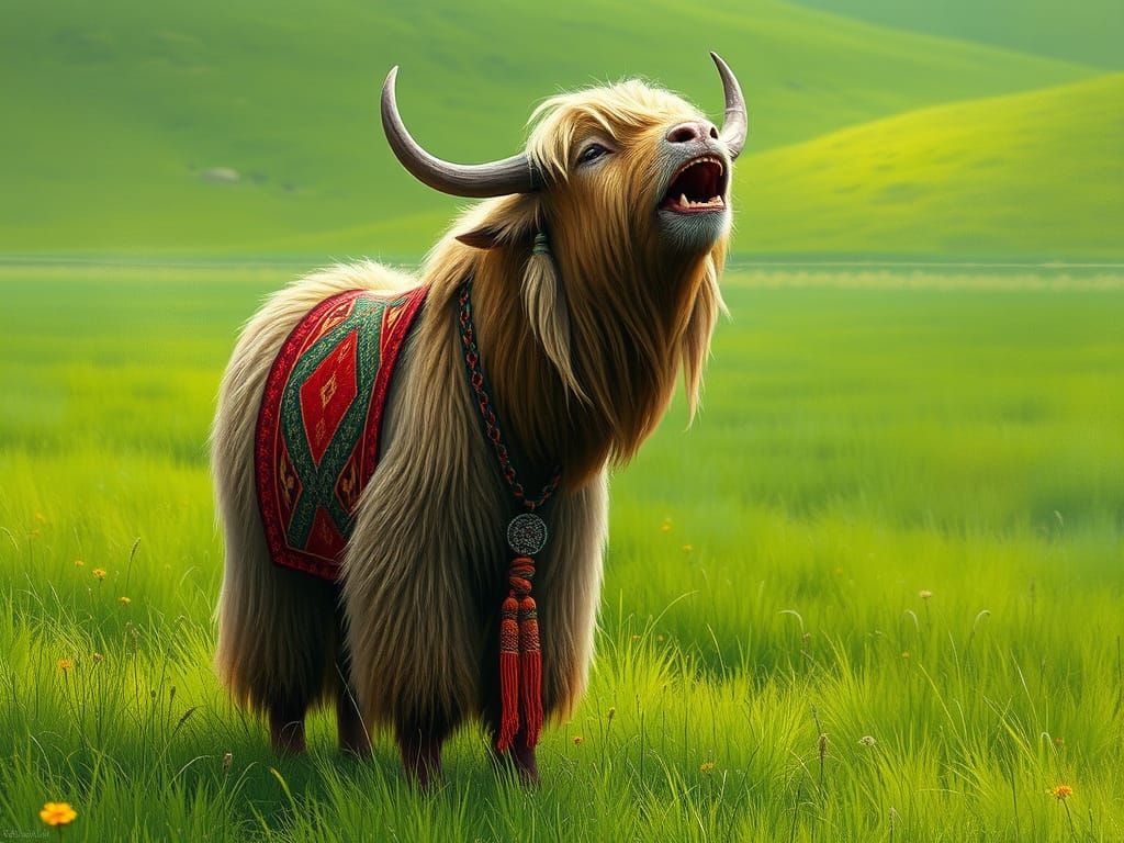 Yodeling Yak in Meadow, Fantastical Realism Style