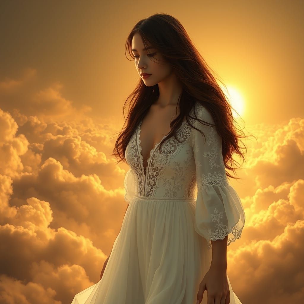 Young Woman Walks Towards Radiant Light in Golden Clouds