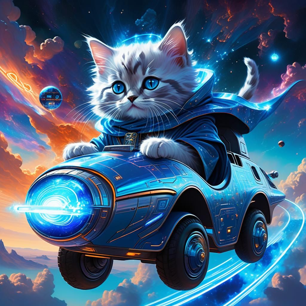 Wizard Rides Kitten Vehicle Through Nebula, in Oil Painting ...
