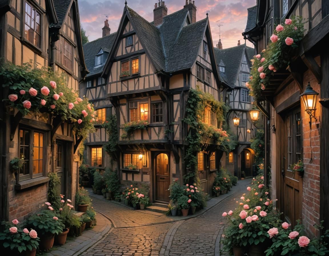 Cozy Rose-Covered Alley at Dusk: Watercolor Style