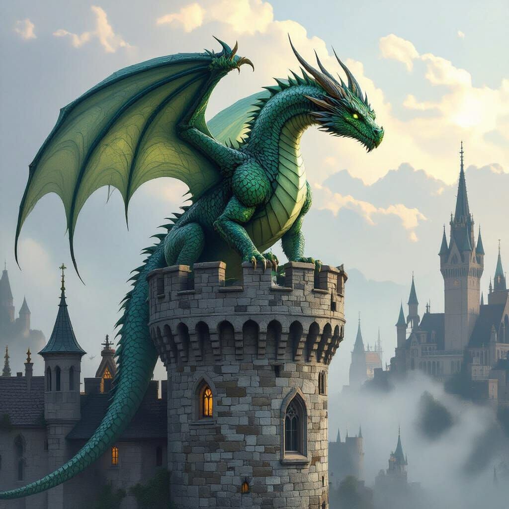 Dragon Perched Atop Medieval Castle Tower