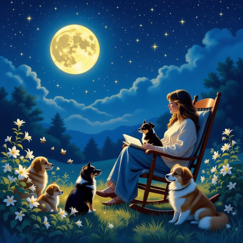 Magical Night Scene with Lili, Dogs, and Wildlife