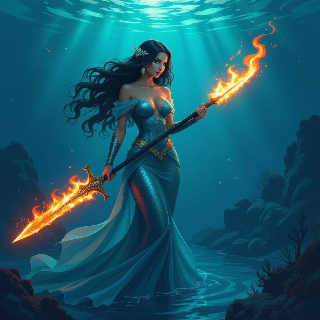 Mermaid Warrior with Flaming Sword in Digital Art Style