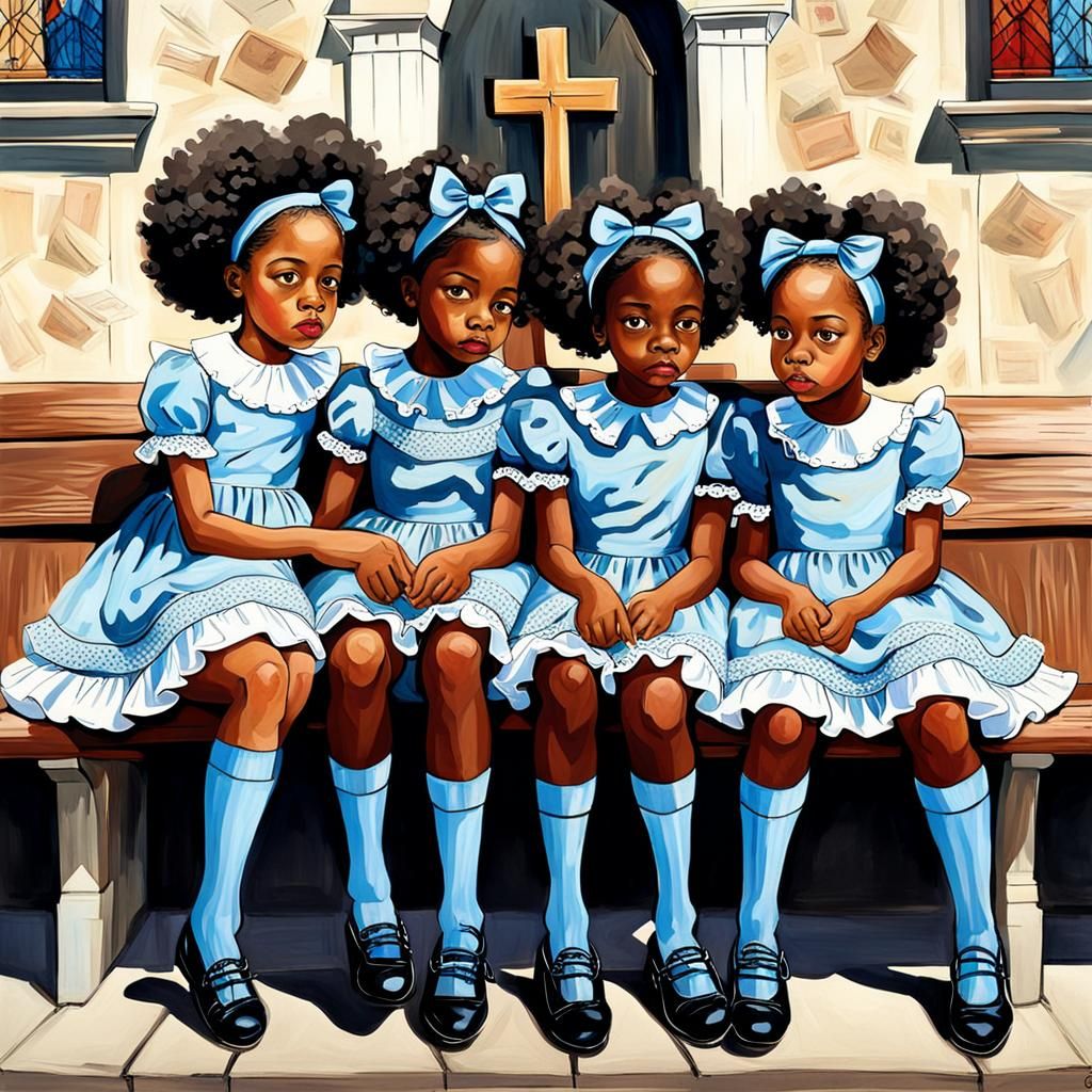 Playful Girls on Church Bench in Folk Art Style